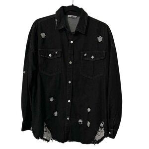 White Burch Black Distressed Button Up Womens Shirt Size S Streetwear Grunge‎